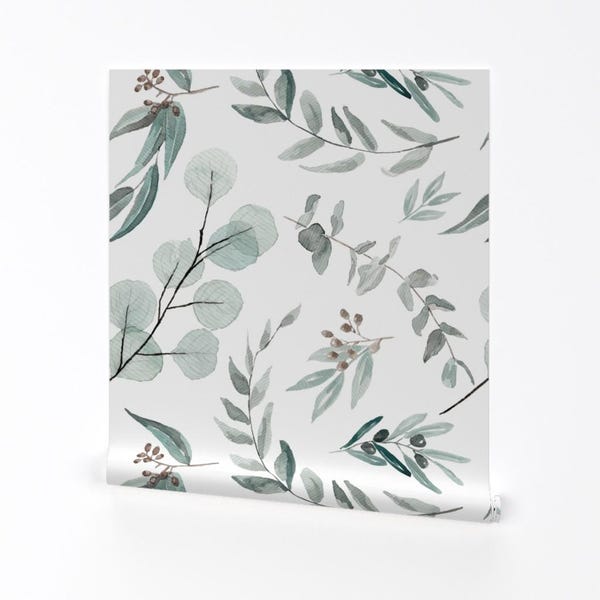 Papel pintado botánico - Eucalipto gigante de Erin Kendal - Rollo de papel pintado autoadhesivo removible con estampado de estilo rústico moderno de Spoonflower