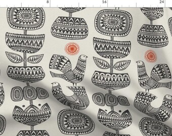 Scandi Floral Fabric - Scandinavian Flora And Birds By Anequsa - Monochrome Vertical Flowers Cotton Fabric By The Yard With Spoonflower