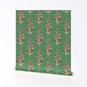 Green Village Wallpaper - Christmas Village by retroagogo - Christmas Village Vintage Removable Peel and Stick Wallpaper by Spoonflower