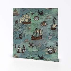 Piratentapete - Piratenschiffkarte Blau Big Rapport von Teja Jamilla - Individuell bedruckte entfernbare selbstklebende Tapetenrolle von Spoonflower