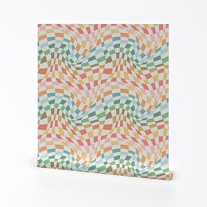 Retro Geometric Removable Peel and Stick Wallpaper - Squares Colorful Checkered  - Wall Art Wall Decor - Twisted Checkerboard by mia_valdez