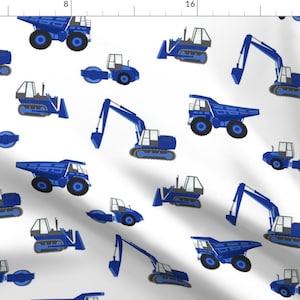 Construction Fabric - (Large) Construction Trucks Royal White By Littlearrowdesign - Construction Cotton Fabric By The Yard With Spoonflower