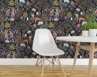 Maximalist Animalier Wallpaper - Moody jungle By Gaiamarfurt - Vintage Style Dark Romantic Jungle Tiger Floral Wallpaper with Spoonflower