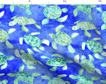 Watercolor Sea Turtles Fabric - Green Sea Turtle Hidden Honolulu  By Garden Girl Studio - Island Cotton Fabric By The Yard With Spoonflower