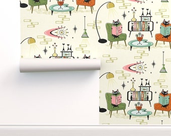 Cat Wallpaper - Cozy Cats’ Den By Studioxtine - Yellow Green Mid Century Modern Atomic Removable Self Adhesive Wallpaper Roll by Spoonflower