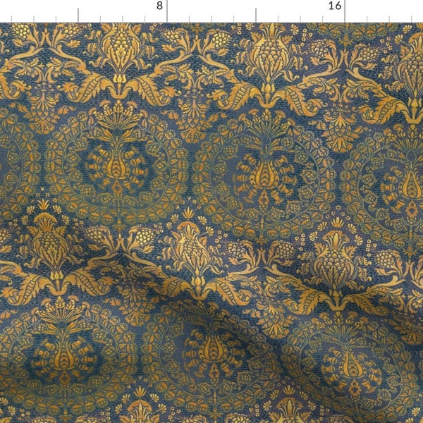 Damask Fabric - Catherine Of Aragon ~ Mediterranean Blue Yellow By Peacoquettedesigns - Damask Cotton Fabric By The Yard With Spoonflower