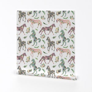 Floral Horses Wallpaper - Floral Patchwork Horses By Karolina Papiez - Custom Printed Removable Self Adhesive Wallpaper Roll by Spoonflower