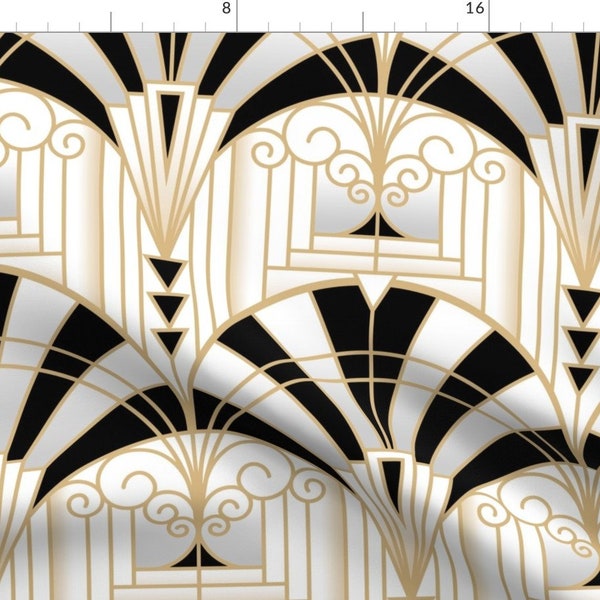 20s Architecture Fabric - Art Deco Alcove by leahsoha - Line Art Black White B&w Golden Arches Fan Retro Fabric by the Yard by Spoonflower