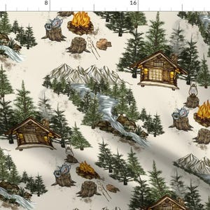 Woodland Camping Fabric - Camping In The Spring Woods (Cream) By Smokeinthewoods - Rustic Cabins Cotton Fabric By The Yard With Spoonflower