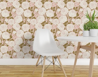Papel de Parede Adesivo Floral Rosa Blush - Elegante Jardim Botânico em Flor - Arte Decorativa Removível para Parede - Jardim de Ranúnculos por selmacardoso