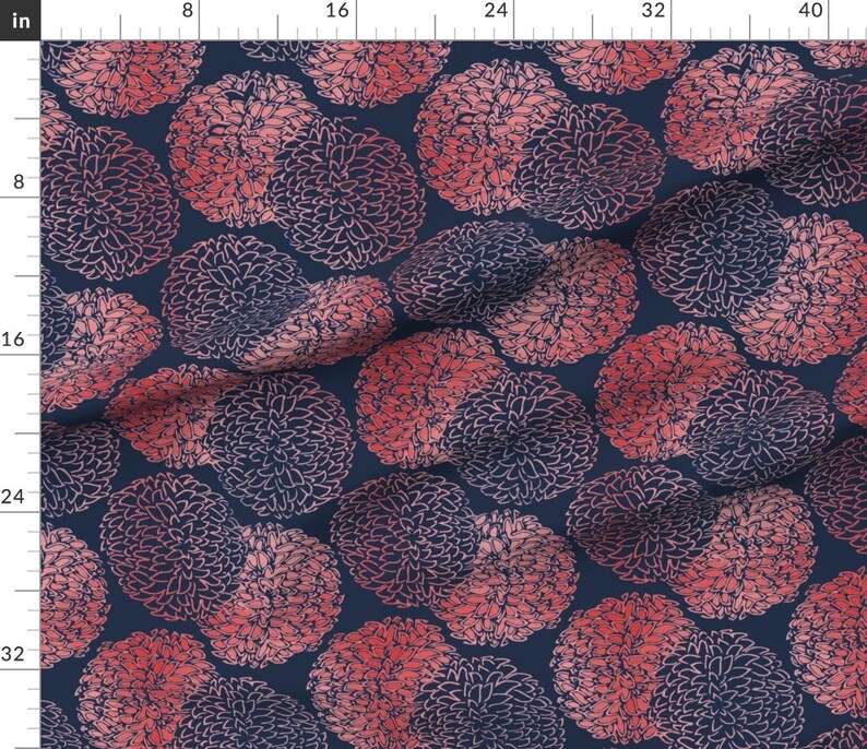 Chrysanthemum Floral Fabric Ming Chrysanthemum In Navy And Coral Pink By Willowlanetextiles Fabric by the Yard With Spoonflower image 3