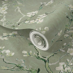 May include: A roll of green wallpaper with a white floral pattern. The wallpaper features a repeating design of white blossoms on branches, reminiscent of a famous painting.