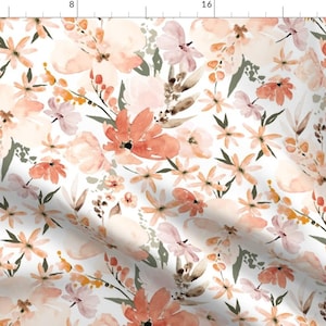 Peach Flowers Fabric - Peachy Floral Summer by erin__kendal - Spring Coral Orange Pink Earth Tones Fabric by the Yard by Spoonflower