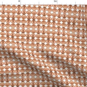 May include: A white background with a repeating pattern of copper-colored US pennies. The pennies are arranged in a grid pattern.