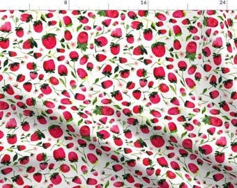 Strawberries Fruit Fabric - Watercolor Strawberry Plant In Red By Briannashowalter - Strawberries Cotton Fabric By The Yard With Spoonflower