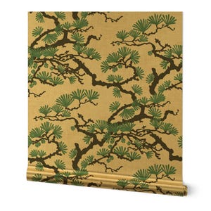 Vintage Chinoiserie Gold or Silver Metallic Wallpaper - Vintage Japanese Pine by perrinphilippa - Forest Wood Wallpaper Roll by Spoonflower