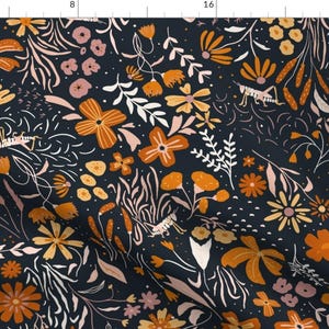 Floral Weeds Fabric - Weeds Autumn Night By Cris Banana - Dark Floral Nature Outdoors Fall Orange Cotton Fabric By The Yard With Spoonflower