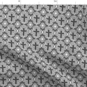 Cross Fabric - Christian Cross Gray By Rickrackscissorsstudio - Cross Christian Religion Gray Cotton Fabric By The Yard With Spoonflower