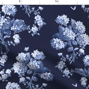 Blue Hydrangea Fabric - Edwina In Atlantic By Lilyoake - Blue Floral Flowers Hydrangeas Botanical Cotton Fabric By The Yard With Spoonflower