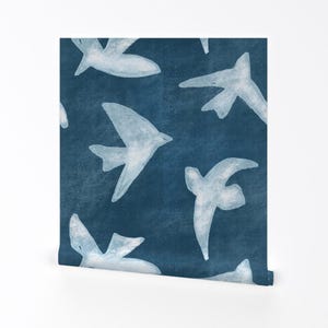 Blue Birds Removable Peel and Stick Wallpaper - Indigo Shibori Style Seagull Coastal Bird - Wall Art Wall Decor - Seagulls by achiachodesign
