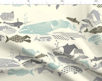 Whales Fabric - Geometric Whales On Parade - Greys On Cream By Aldea - Whales Nautical Nursery Cotton Fabric By The Yard With Spoonflower