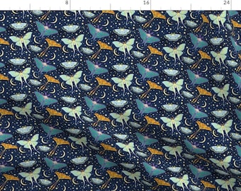 Moth Fabric - Moon Moths By Pamelandia - Blue Yellow Butterfly Nighttime Moths Insects Bugs Kids Cotton Fabric By The Yard With Spoonflower