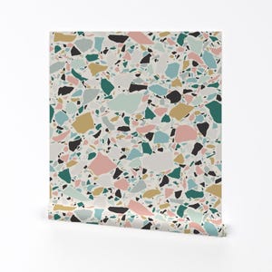 Terrazzo Removable Peel and Stick Wallpaper - Pine Green Blush Pink Mint - Wall Art Wall Decor - Summer Beach Terrazzo by evamatise