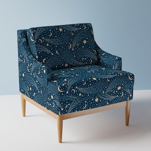 Night Sky Upholstery Fabric- Shooting Stars by bgoods_designs - Yellow On Blue Celestial Stars And Moon  Fabric By The Yard With Spoonflower