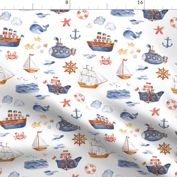 Watercolor Nursery Fabric - Ships Ahoy By Hipkiddesigns - Ships Nautical Sailing Anchor Boats Cotton Fabric By The Yard With Spoonflower