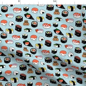 May include: A seamless pattern featuring a variety of sushi rolls on a light blue background. The sushi rolls are drawn in a cartoon style with cute faces and various fillings.