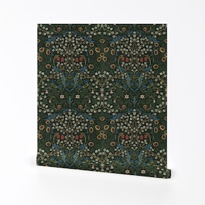 William Morris Removable Peel and Stick Wallpaper - Dark Green Blue Leaves Vine Floral - Wall Art Wall Decor - Blackthorn by salvagescapes