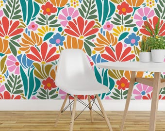 Psychedelic Floral Peel and Stick Wallpaper - Retro 1960s Pink Botanical - Removable Wall Decor Art - Maximalism Folk by jenflorentine