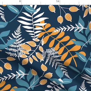 Floral Fabric - Yellow And Blue Leaves By Diseminger - Forest Nature Home Decor Plants Trees Gold Cotton Fabric By The Yard With Spoonflower