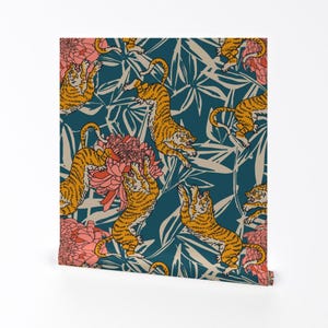 Tropische Tapete - Bengal Cora Tiger Von Holli Zollinger - Maximalistische blaue entfernbare selbstklebende Tapetenrolle von Spoonflower