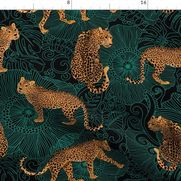 Jaguar Black Green Floral Fabric - Leopard Exotic Jungle Black By Honoluludesigns - Black Cotton Fabric By The Yard With Spoonflower