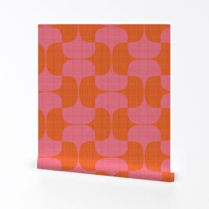 Mid Century Tapete - Tac Bold von Wren Leyland - Rosa Orange Retro geometrischer Trend entfernbare selbst klebende Tapetenrolle von Spoonflower