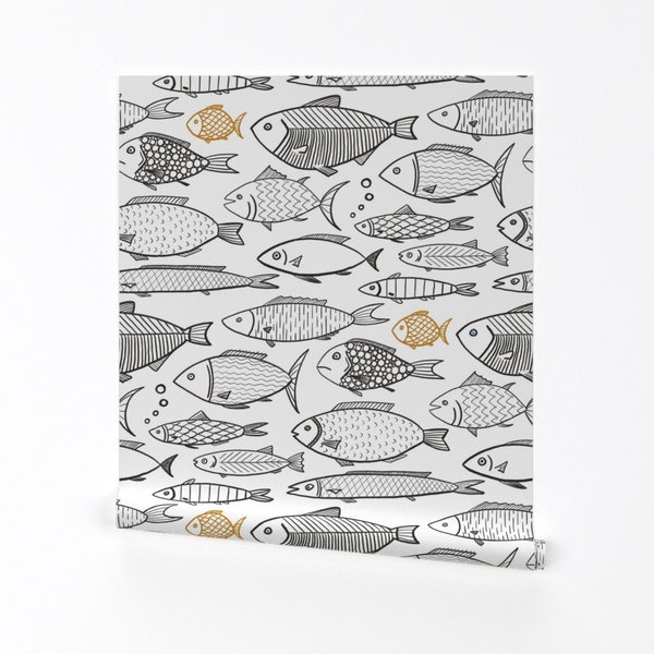 Sketchy Fish Wallpaper - Doodle Fish by dasbrooklyn - Charcoal Gray Mustard Brown Fishing  Removable Peel and Stick Wallpaper by Spoonflower