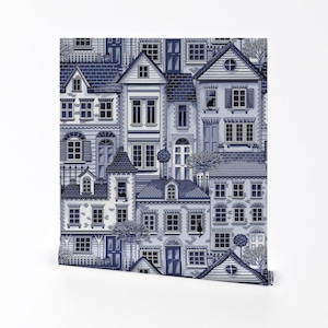 Town Houses Wallpaper - Town House Toile Blue By Emma Heeson Design - Custom Printed Removable Self Adhesive Wallpaper Roll by Spoonflower