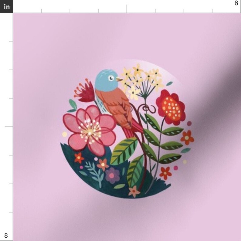 May include: A pink background with a circle containing a blue and orange bird, pink, red, and yellow flowers, and green leaves.
