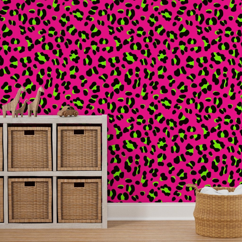Neon Cheetah Print Wallpaper 80s Pink and Lime Green Leopard by  Moabrepublic Retro Removable Self Adhesive Wallpaper Roll by Spoonflower 