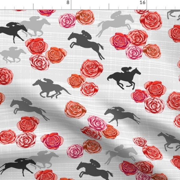 Off To The Races Fabric - Races And Roses By Mrshervi Thoroughbred Horse Racing Kentucky Gray - Cotton Fabric By The Yard With Spoonflower