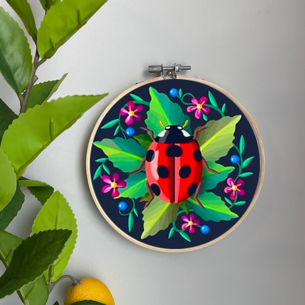 Ladybug Embroidery Template on Cotton - Lady Bug By marina-grau - Insects Bugs Embroidery Pattern for 6" Hoop Custom Printed by Spoonflower