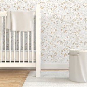 Whimsical Sky Wallpaper - Swirling Stars by ligaturadesign -  White Gold Celestial Lines Removable Peel and Stick Wallpaper by Spoonflower