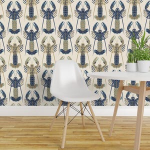 Papel pintado autoadhesivo Coastal Chic - Crema, azul topo, estilo náutico costero de Cape Cod - Decoración de pared removible - Lucky Lobster de daintydora