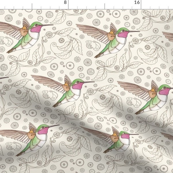 Steampunk Hummingbird Fabric - Steampunk Hummingbird By Hazel Fisher Creations - Clockwork Bird Cotton Fabric By The Yard With Spoonflower