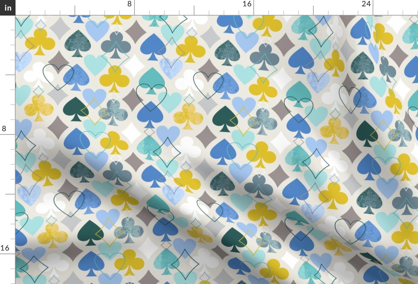Card Suits Fabric - Family Poker By Mil Papeles - Blue White Yellow Cards Queen Kings Checkmate Cotton Fabric By The Yard With Spoonflower