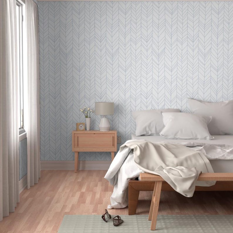 Chevron Wallpaper - Featherland White/Blue (Large) By Leanne - Feather Custom Printed Removable Self Adhesive Wallpaper Roll by Spoonflower image 5