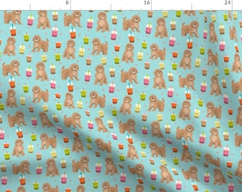 Blue Kawaii Cavoodle Fabric - Cavoodle Bubble Tea Boba Kawaii Cavapoo Light Blue By Petfriendly - Cotton Fabric by the Yard With Spoonflower
