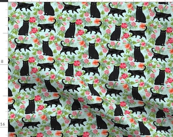 Black Cat Floral Fabric - Black Cat Tropical Palm Summer Hawaiian Blue By Petfriendly - Beach Cat Cotton Fabric by the Yard with Spoonflower