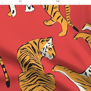 Orange Tigers on Red Fabric - Tigers 5 By Bluelela - Bright Hand Drawn Tigers Exotic Animal Print Cotton Fabric By The Yard With Spoonflower